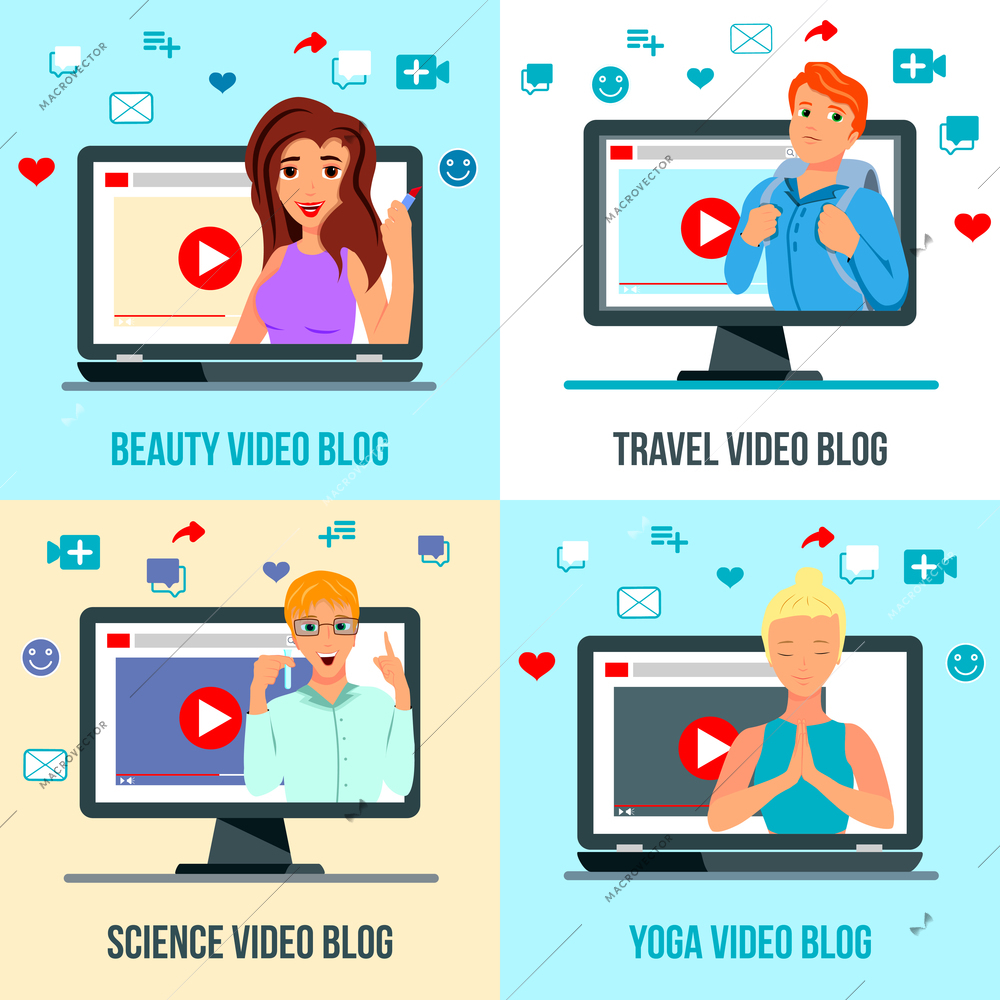 Video bloggers characters 4 flat icons square concept with travel beauty fashion science yoga topics vector illustration