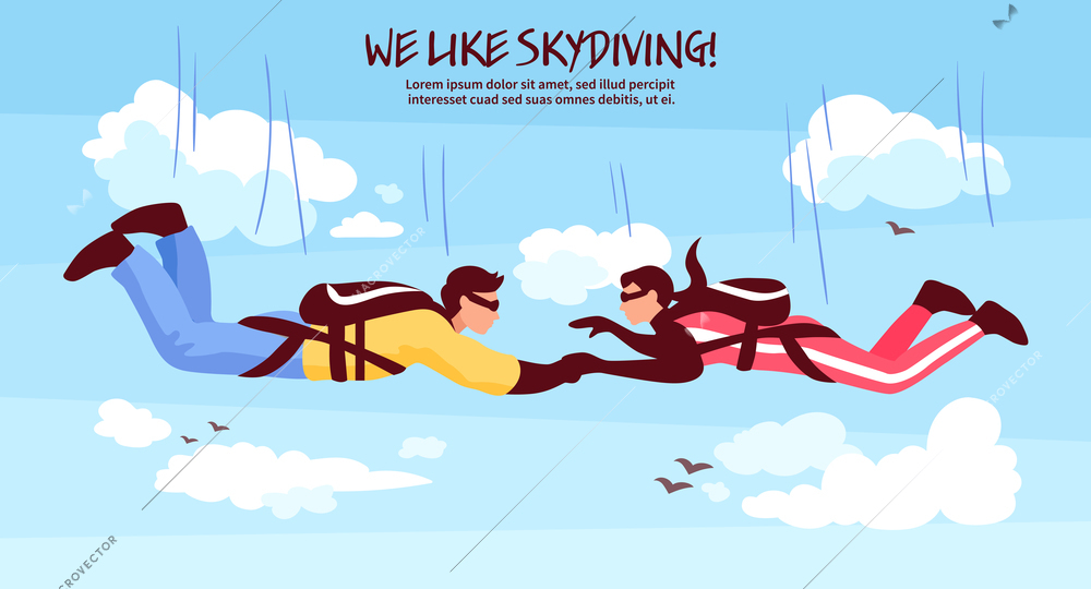 Skydiving adventures horizontal banner with couple in free fall holding hands romantic experience above clouds vector illustration