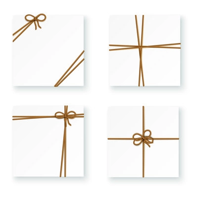 White parcel package box tying up rope cord knots 4 realistic top view images isolated vector illustration