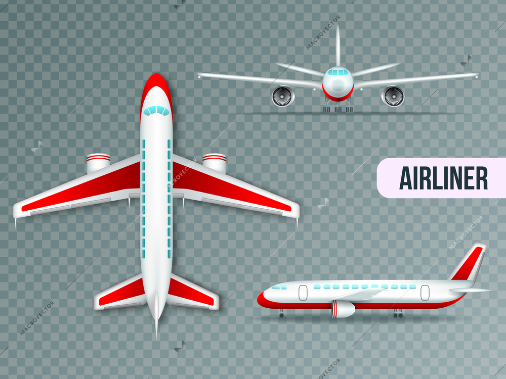 Wide body large civil jet airliner top front and side views realistic images set transparent vector illustration