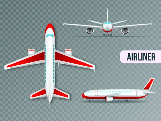 Wide body large civil jet airliner top front and side views realistic images set transparent vector illustration