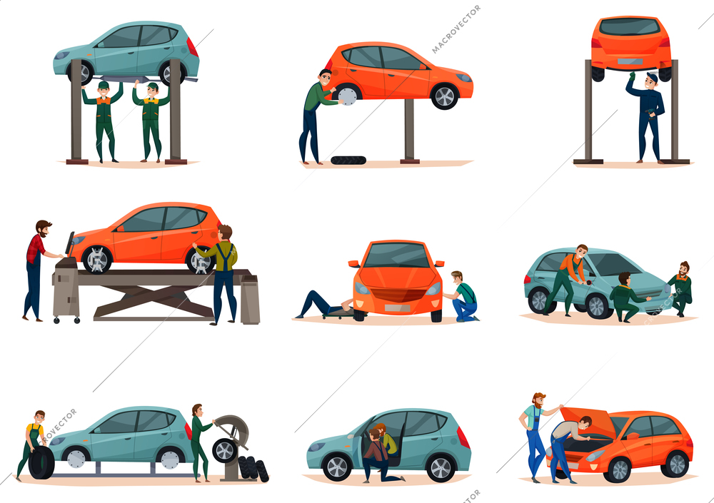 Car service icons set with maintenance symbols flat isolated vector illustration