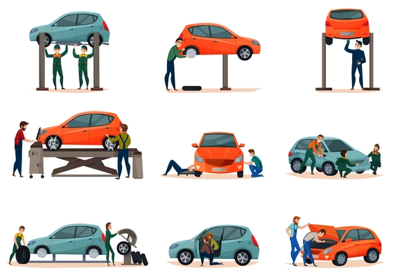 Car service icons set with maintenance symbols flat isolated vector illustration