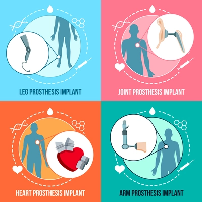 Prothesis medical implants concept flat icons square set with orthopedic leg and joints replacement isolated vector illustration