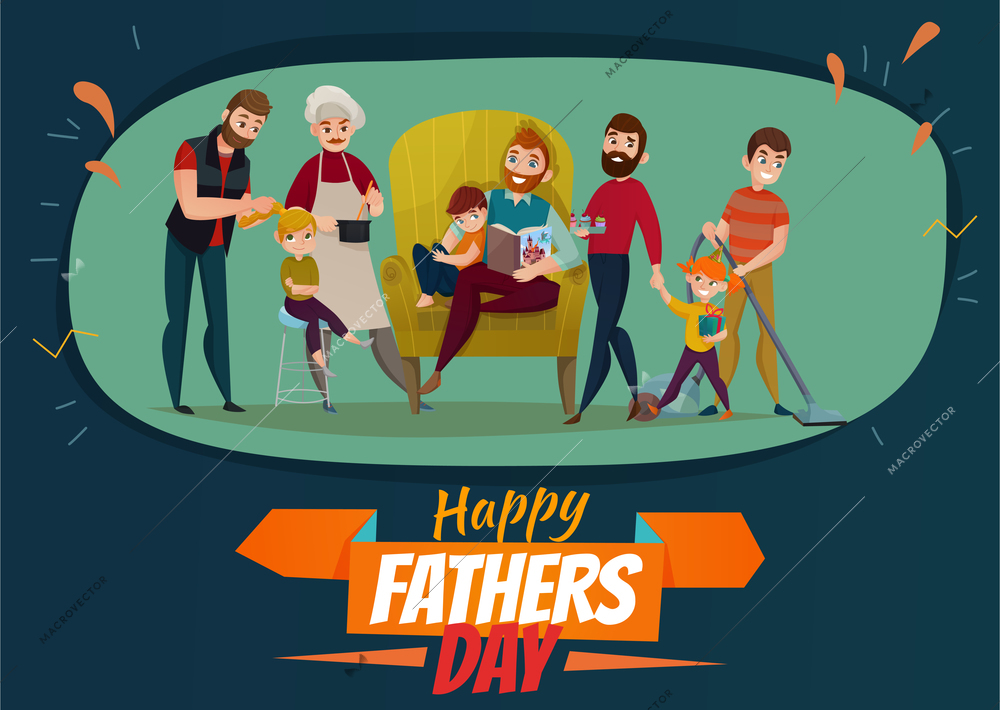Fathers day poster with family and children symbols flat vector illustration