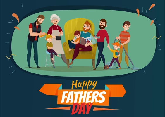 Fathers day poster with family and children symbols flat vector illustration