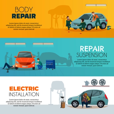Car service horizontal banners set with body repair symbols flat isolated vector illustration