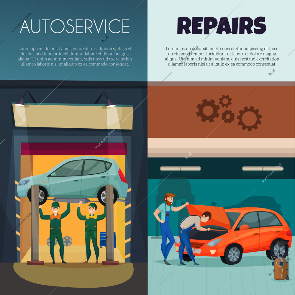 Car service vertical banners set with repairs and workers symbols flat isolated vector illustration