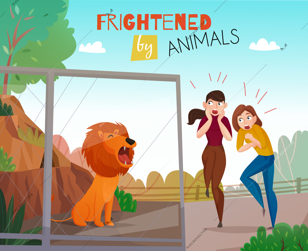 People frightened by wild animals in the public zoo flat vector illustration