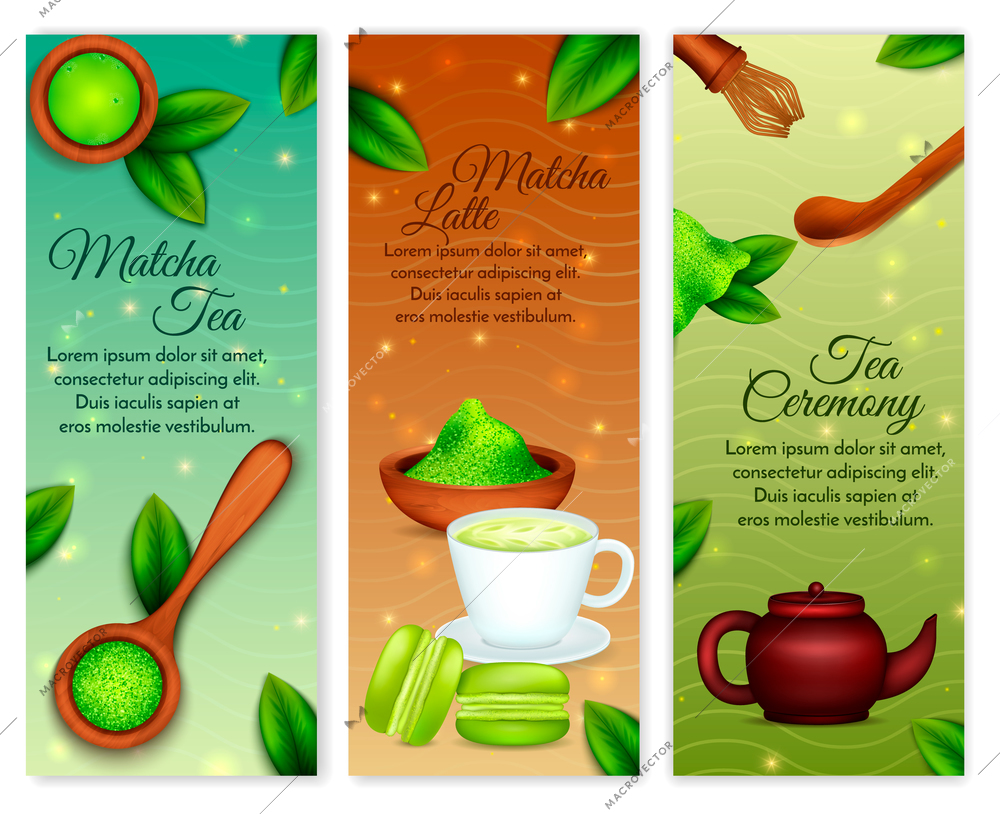 Matcha powder 3 vertical realistic green earth tone banners with latte tea ceremony sweets accessories vector illustration