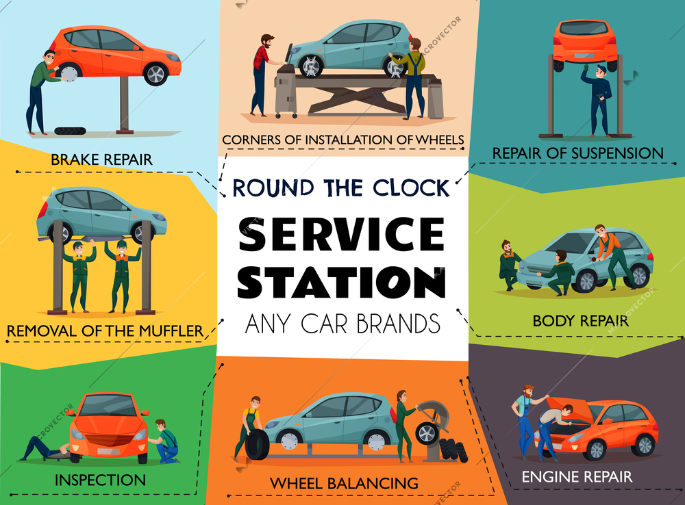 Car service poster with service station symbols flat isolated vector illustration