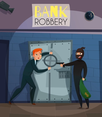 Bank robbery with people crime and breaking symbols flat vector illustration