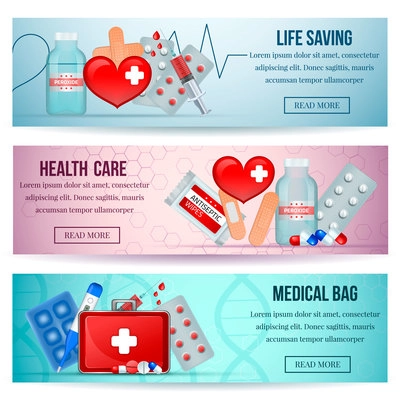 First aid kit 3 horizontal realistic health care website banners with medical emergency supply isolated vector illustration