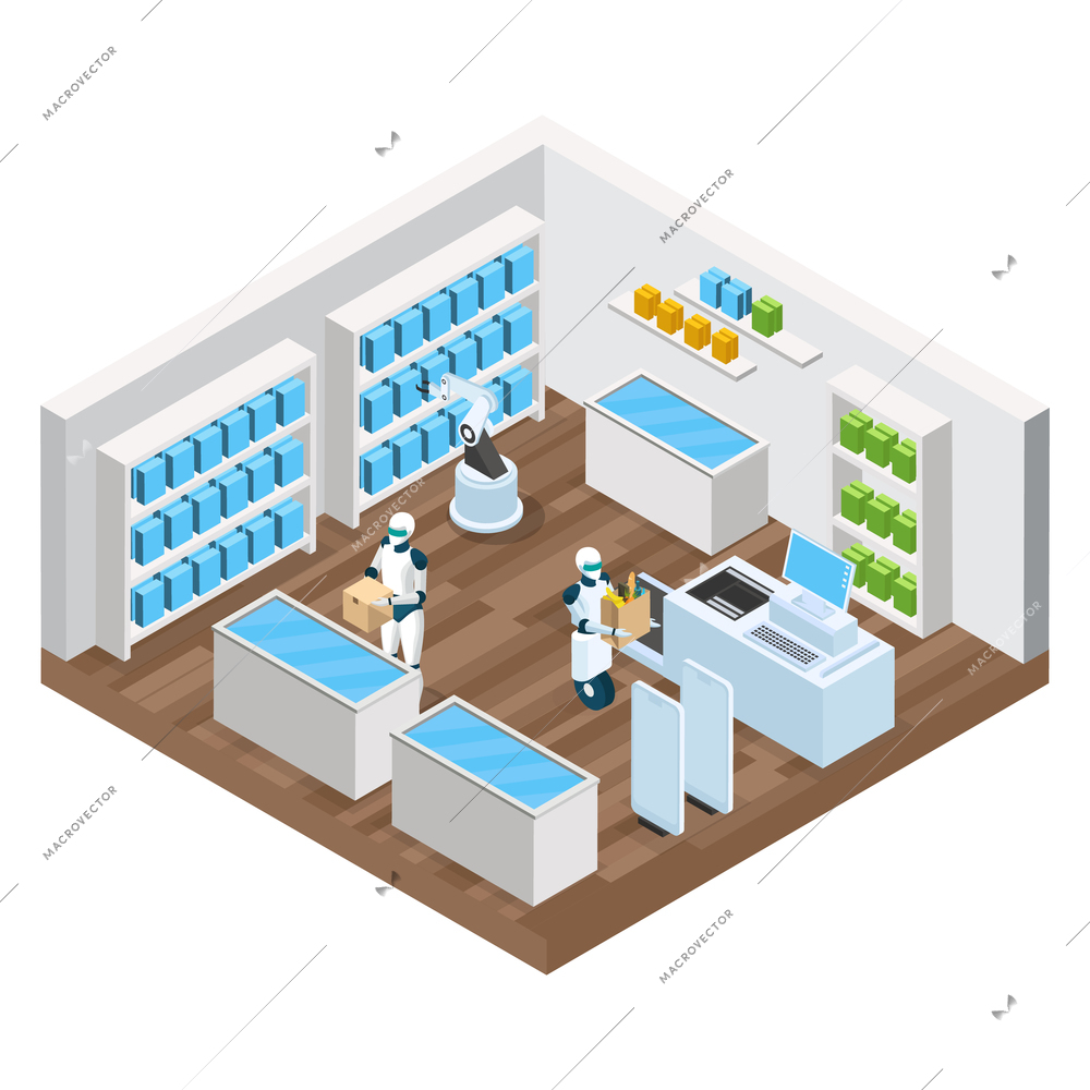 Automated shop isometric composition with robots, goods on shelves, self checkout, security system vector illustration