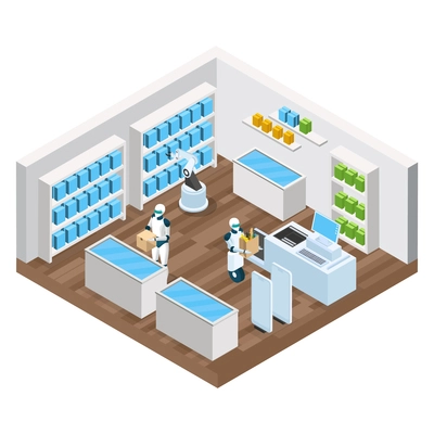 Automated shop isometric composition with robots, goods on shelves, self checkout, security system vector illustration