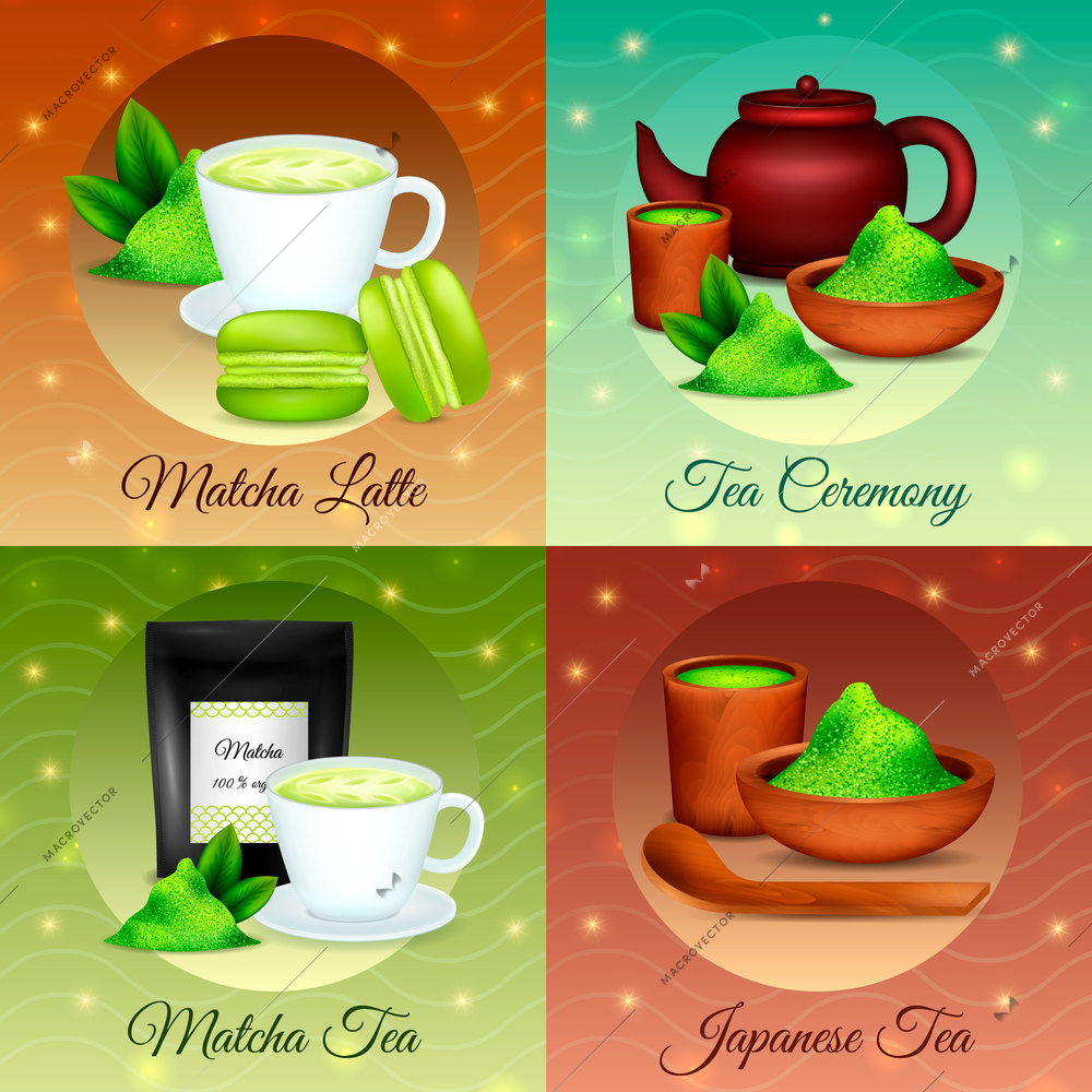 Finest organic japanese matcha green powder tea ceremony desserts recipes 4 realistic icons concept isolated vector illustration