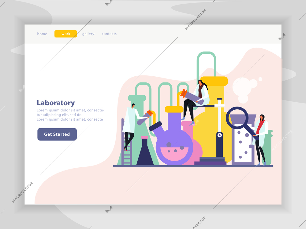 Science lab flat landing page of site with menu, image of chemical experiment, light background vector illustration