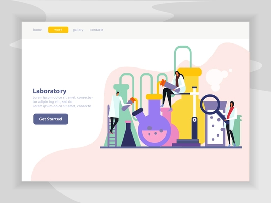 Science lab flat landing page of site with menu, image of chemical experiment, light background vector illustration