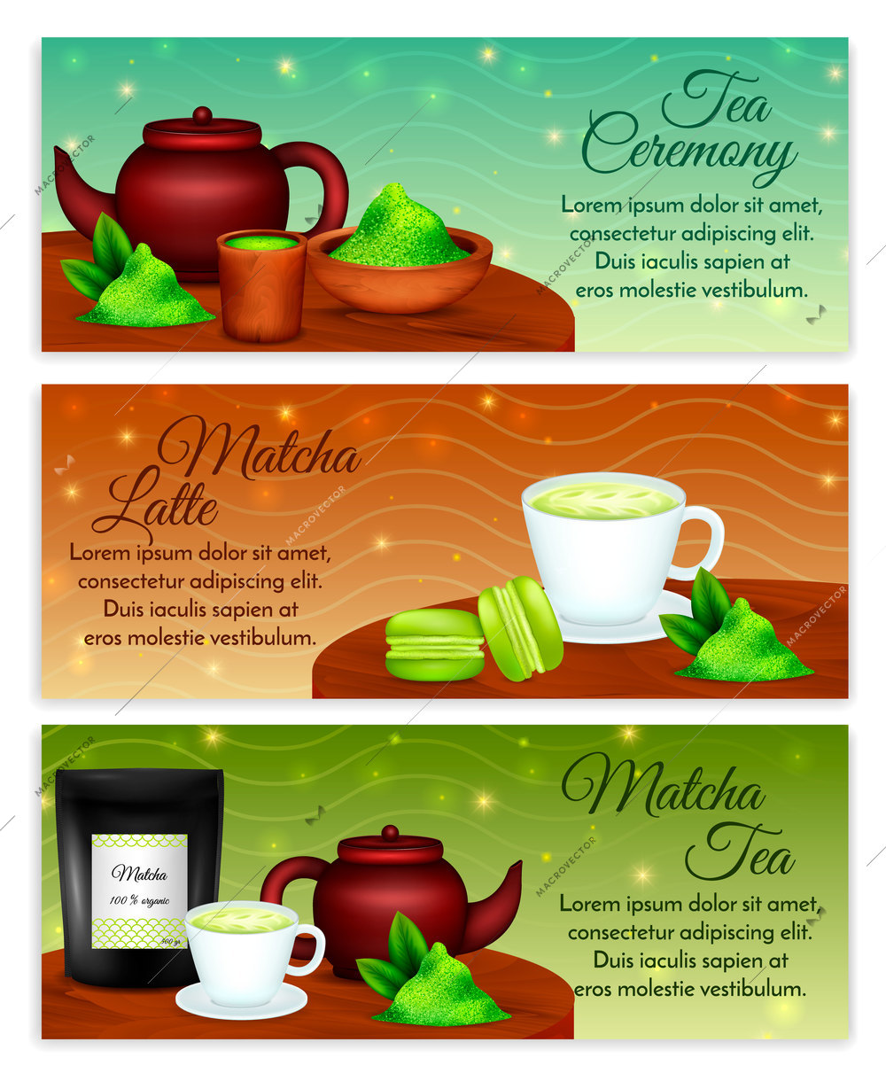 Matcha latte tea ceremony accessories 3 horizontal realistic banners set with organic green leaves powder vector illustration