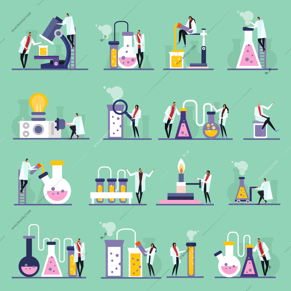 Science lab flat icons, human characters, test tubes and vials with substances, green background, isolated vector illustration