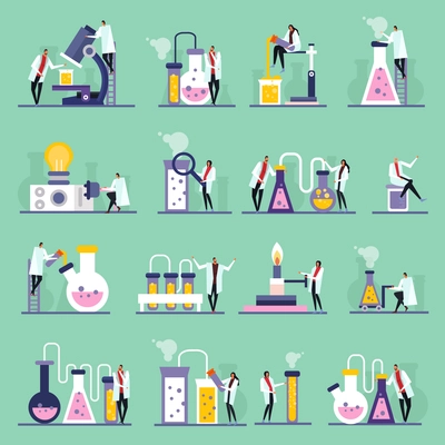 Science lab flat icons, human characters, test tubes and vials with substances, green background, isolated vector illustration