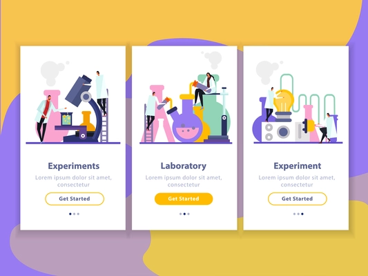 Science lab flat vertical banners with human characters during experiments, researches and innovation isolated vector illustration