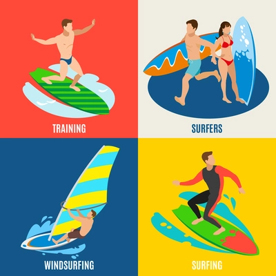 Surfing isometric 2x2 design concept with compositions of sailboard people training and windsurfing on solid background vector illustration