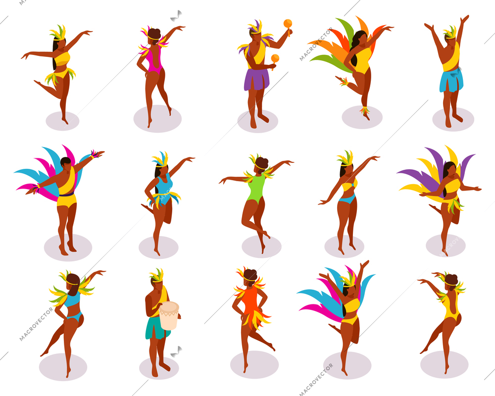 Brazilian carnival isometric people in colorful costumes with feathers and music instruments during dance isolated vector illustration