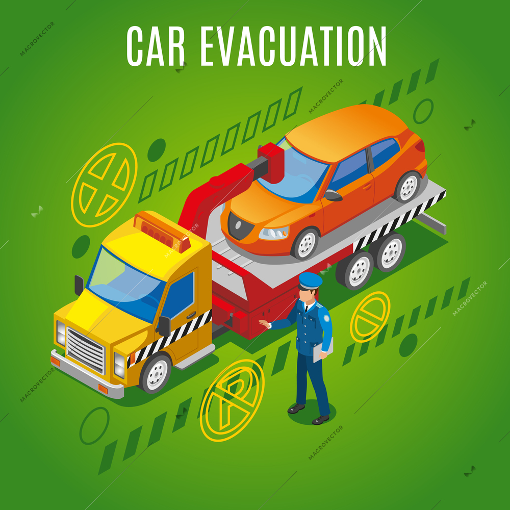 Isometric parking background with car evacuation headline and evacuator takes a car to a parking lot vector illustration