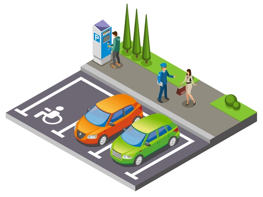 Parking isometric composition cars in the parking lot and driver communicates with parking officer vector illustration