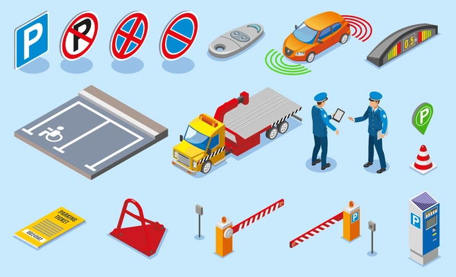 Isometric parking icon set with different isolated elements to create parking and attributes to it vector illustration