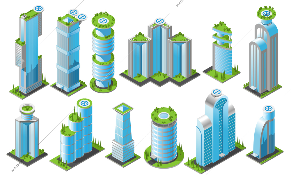 Isometric futuristic skyscrapers icon set with different styles office buildings of heights and shapes vector illustration