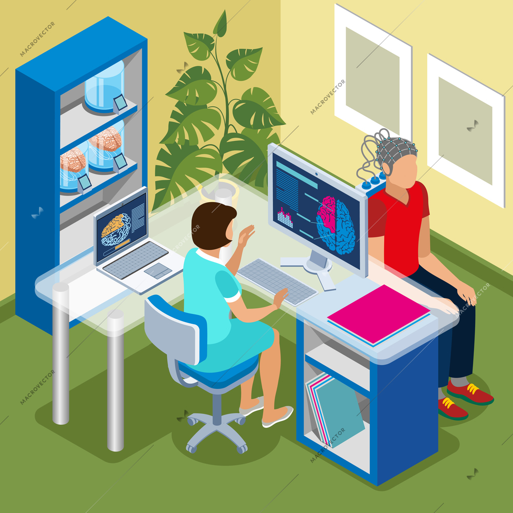 Medicine of the future isometric composition with  appointment at doctors office and computer brain scanning procedure vector illustration