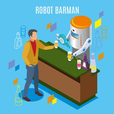 Isometric robotic restaurant background with robot barman headline and machine pours drinks to a human visitor vector illustration