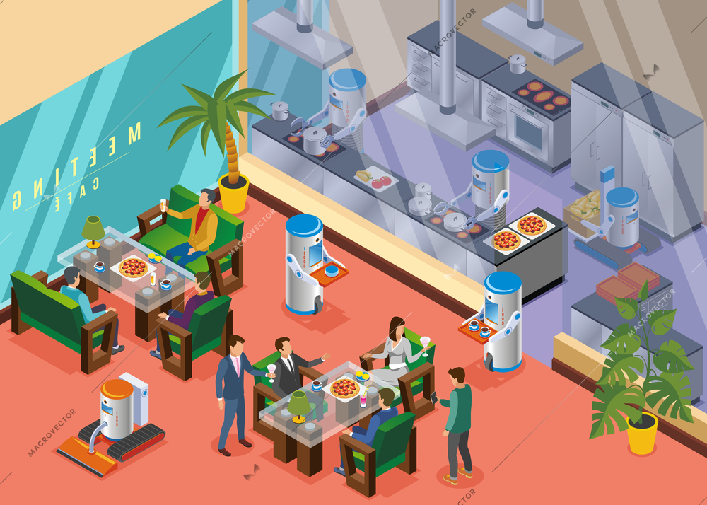 Isometric and colored robotic restaurant concept with specialized restaurant with coworkers robots vector illustration