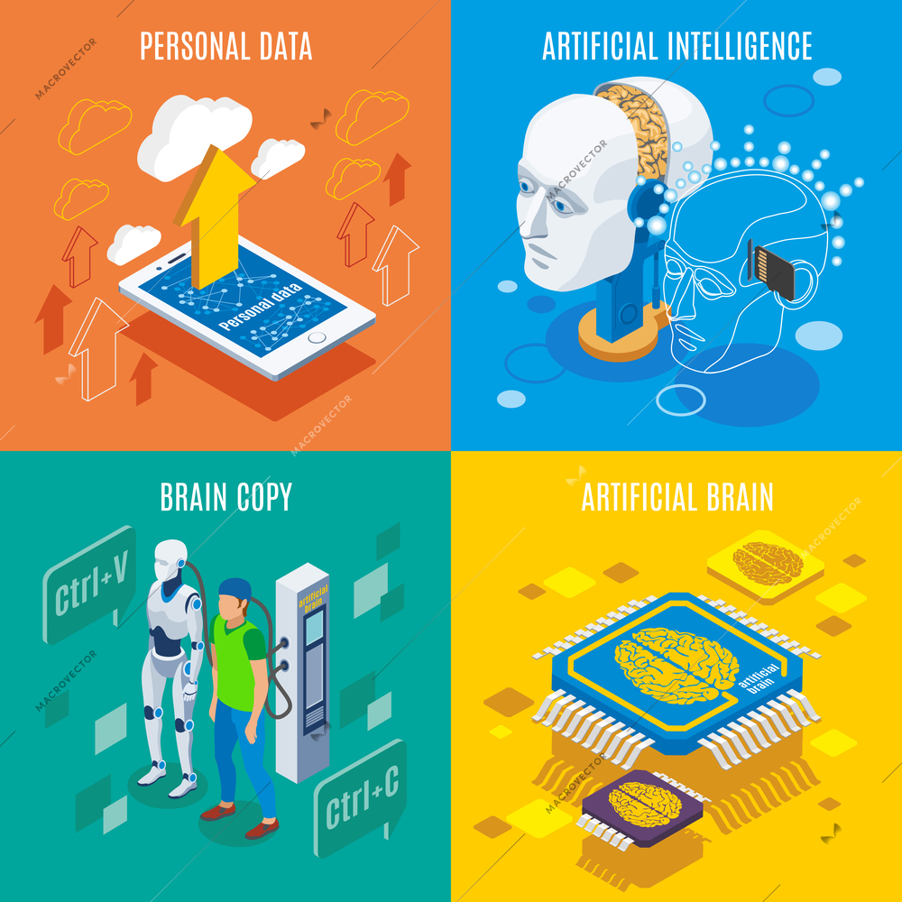 Backup personality isometric 2x2 design concept with conceptual images of futuristic technologies and artificial brain electronics vector illustration