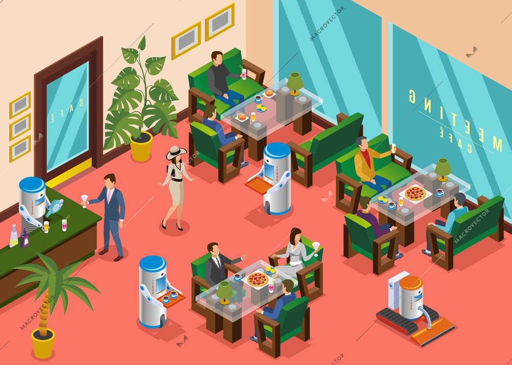 Isometric colored robotic restaurant composition hall with visitors serviced by robots waiters vector illustration