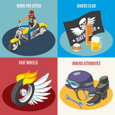 Bikers isometric 2x2 design concept with four conceptual compositions of bike club accessories tools and symbols vector illustration