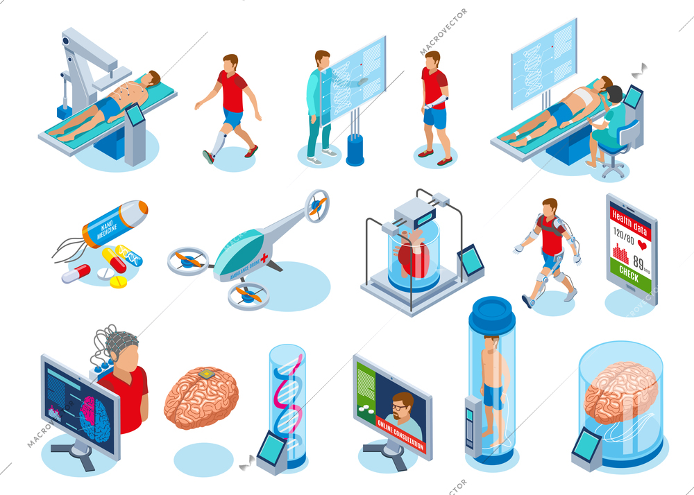 Medicine of the future isometric icons collection of isolated images with medical equipment of next generation vector illustration