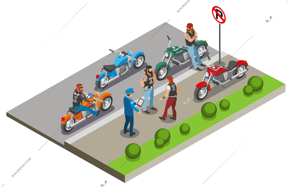 Bikers isometric composition with images of motorcycles and human characters in street sidewalk scenery with policeman vector illustration