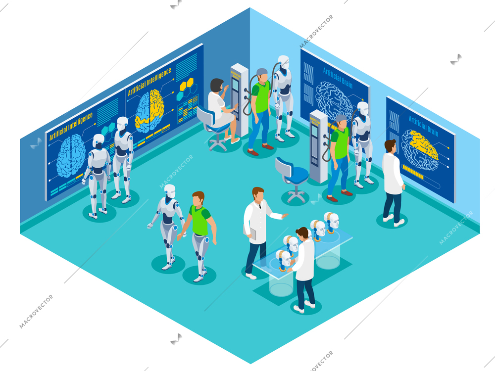 Backup personality isometric flowchart with view of futuristic laboratory with characters of scientists patients and droids vector illustration