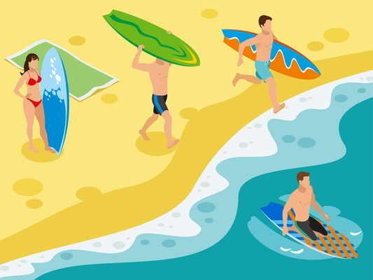 Surfing isometric composition with sandy beach coastal scenery and human characters of surfers with their boards vector illustration