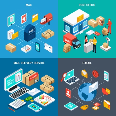 Four squares mail isometric icon set with mail post office mail delivery service and email descriptions vector illustration