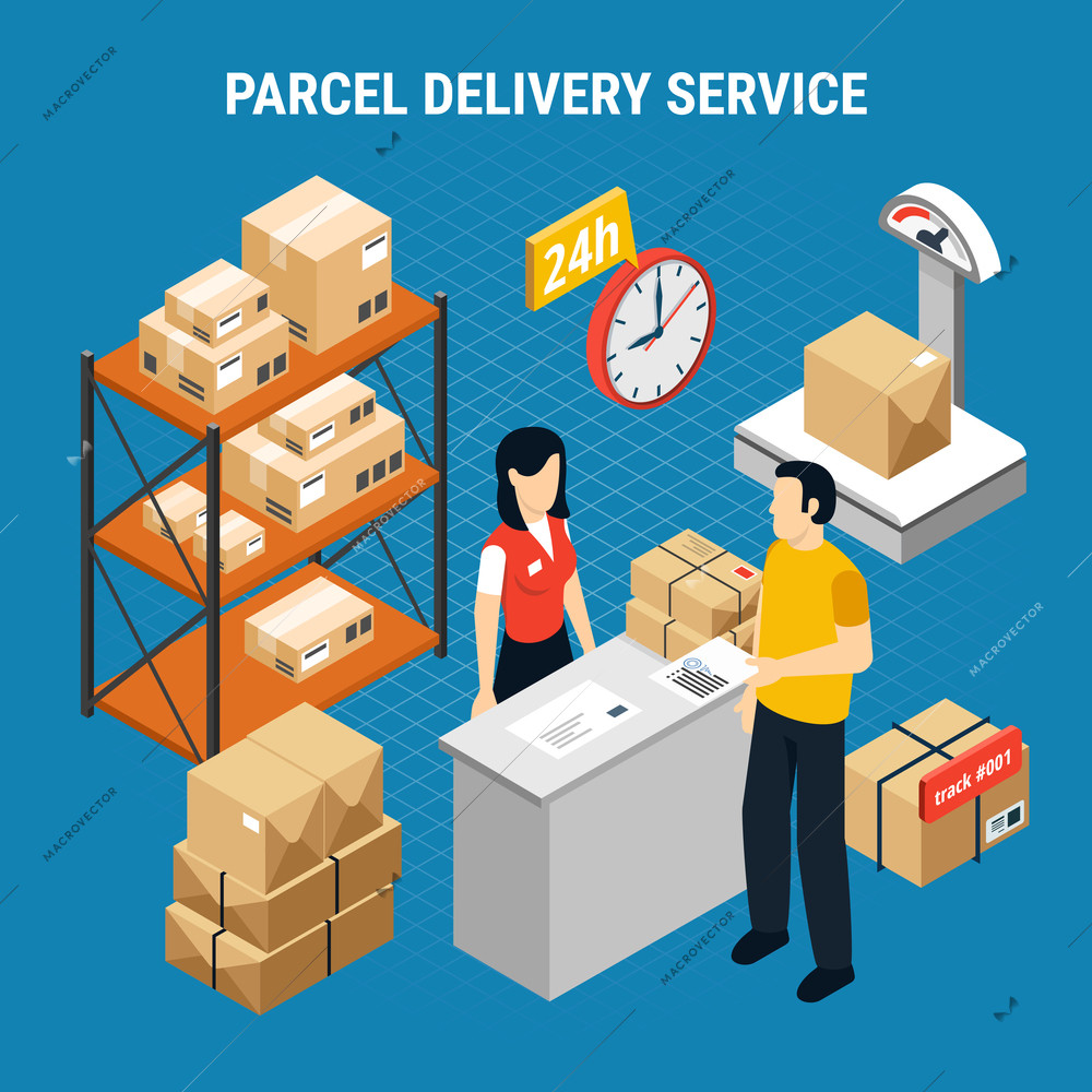 Mail delivery isometric composition with parcel delivery service description and 24h service deck vector illustration