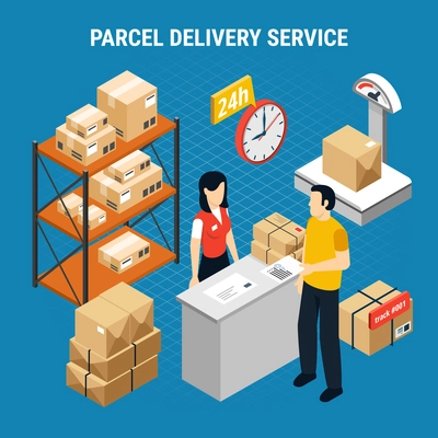 Mail delivery isometric composition with parcel delivery service description and 24h service deck vector illustration