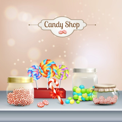 Candy shop composition, shelf with lollipops, caramels in glass jars on blurred beige background 3d vector illustration