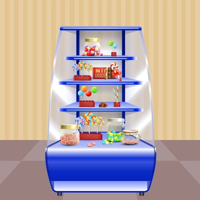 Blue shelves with candies including lollipops, caramels in glass jars, sweet cane and chocolate 3d vector illustration