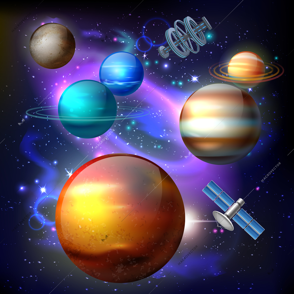 Cosmos realistic composition with images of aligned planets and artificial space satellite on colourful galaxy backround vector illustration