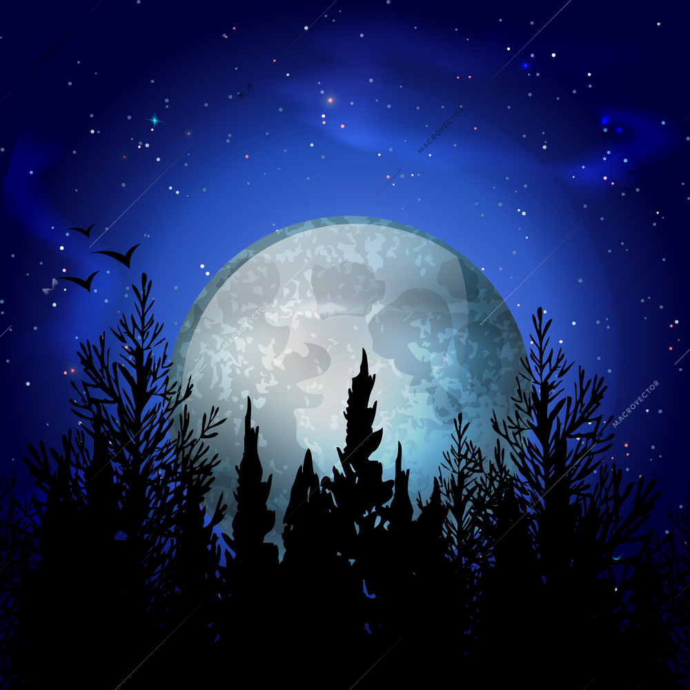 Cosmos realistic composition with view of night sky with detailed image of moon and night trees vector illustration