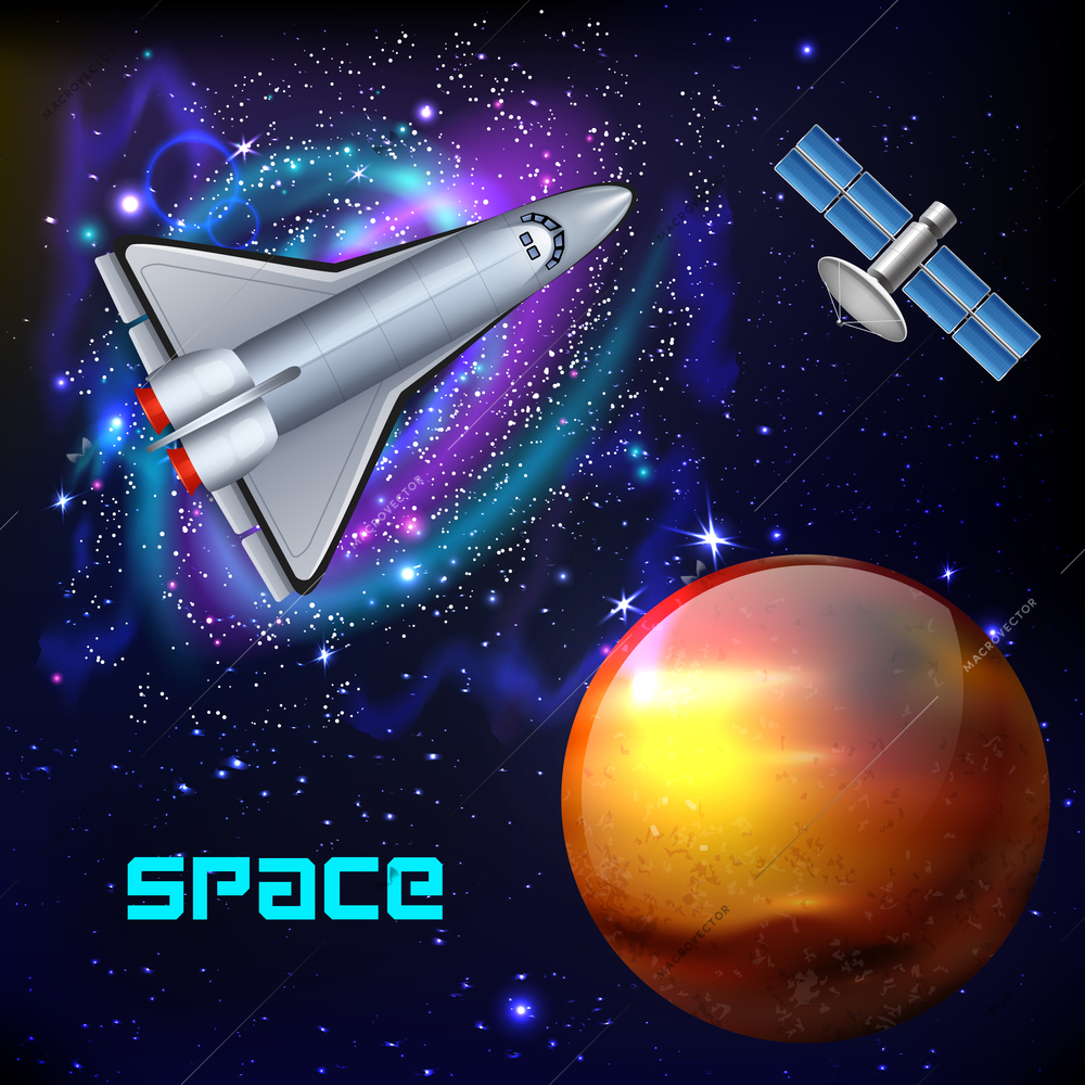 Cosmos realistic background with colourful images of far galaxies and space vehicles with planets and text vector illustration